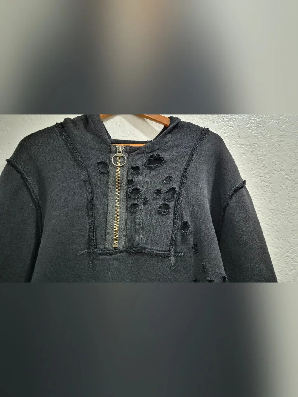 True Religion Distressed Half-Zip Hoodie Sweater Black Medium